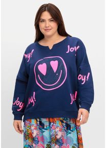 sheego loves miss goodlife Große Größen Sweatshirt mit Smiley-Frontdruck und Glitzersteinen Gr. 56 blau von sheego für Damen