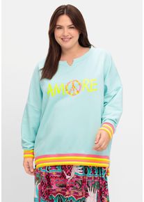 sheego loves miss goodlife Große Größen Sweatshirt mit Statementprint und Ringelbündchen Gr. 46 blau von sheego für Damen