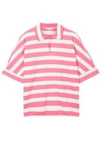 Tom Tailor Damen T-Shirt mit Polokragen, rosa, Streifenmuster, Gr. XXL