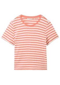 Tom Tailor DENIM Damen Gestreiftes T-Shirt mit Pointelle-Struktur, rot, Streifenmuster, Gr. XL
