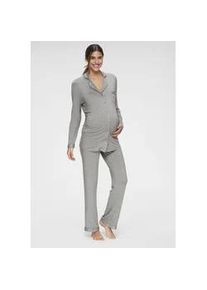 Umstandspyjama Lascana, Damen, Gr. 40/42, grau, Single Jersey, Obermaterial: 95% Viskose, 5% Elasthan, meliert, sehr bequem lang, V-Ausschnitt, eingesetzt Manschette, Homewear-Sets, mit Knopfleiste und Raffung an der Seitennaht