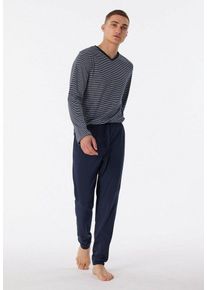 Schiesser Pyjama "95/5" (2 tlg) geringeltes Langarmshirt mit eingefasstem V-Ausschnitt, blau