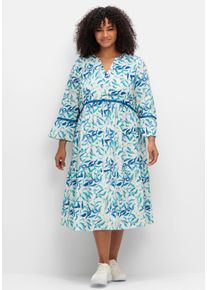 Große Größen Kleid in A-Linie, mit Blätterprint und Hohlsaumspitze Gr. 40 weiß von sheego für Damen