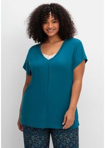 Große Größen Shirt mit V-Ausschnitt und Zierpaspel vorn Gr. 48/50 blau von sheego für Damen