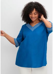 Große Größen Bestickte Tunika in A-Linie, mit Leinenanteil Gr. 52 blau von sheego für Damen