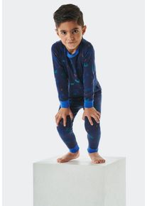Schiesser Pyjama "Boys World" (2 tlg) cooles Allover-Muster aus Weltraum-Fahrzeugen und Pixeln, blau