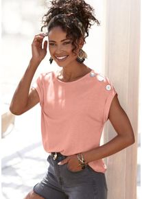 Buffalo Kurzarmshirt peach Gr. 32/34 für Damen. Rundhals und Zierknöpfe. Figurumspielend. Nachhaltig.