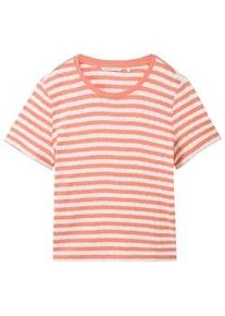 Tom Tailor DENIM Damen Gestreiftes T-Shirt mit Pointelle-Struktur, rot, Streifenmuster, Gr. S