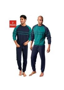 Pyjama Le Jogger "Schlafanzug für Herren im Doppelpack" Gr. 48/50 (M), bunt (grün, marine) Herren Homewear-Sets in langer Form mit aufgesetzten Streifen Bestseller