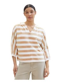 Kapuzenpullover Tom Tailor Gr. L, beige melange knit stripe Damen Pullover V-Pullover mit weitem V-Ausschnitt