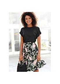 Jerseykleid Buffalo Gr. 34, N-Gr, bunt (schwarz, rosa, bedruckt) Damen Kleider mit Paperbag-Bund und bedrucktem Rock, kurzes Sommerkleid, Strandkleid