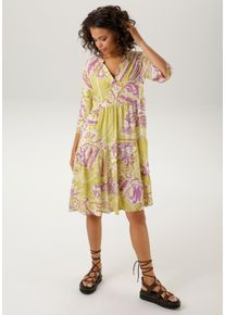 Blusenkleid Aniston CASUAL Gr. 36, N-Gr, bunt (wollweiß, hellgrün, lavendel, oliv, lila) Damen Kleider Sommerkleider mit großflächigem Paisley-Druck - NEUE KOLLEKTION Bestseller