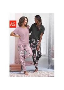 Pyjama Vivance DREAMS, Damen, Gr. 32/34, schwarz (mauve, schwarz), Single Jersey, Obermaterial: 100% Baumwolle, gebl&uuml;mt, gemustert, mehrfarbig, Basic, Basic lang, Rundhals, angeschnitten abgesteppte Kante, Homewear-Sets Pyjama, mit Blumendruck