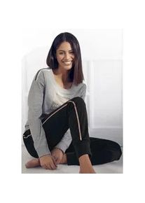 Pyjama Vivance DREAMS, Damen, Gr. 40/42, schwarz (graumeliert, schwarz), Single Jersey, Obermaterial: 100% Baumwolle, bedruckt, kontrastfarbene Details, Basic lang, Rundhals, Homewear-Sets Pyjama, mit kontrastfarbenen Tape Details