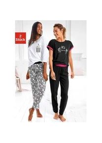 Pyjama Vivance DREAMS, Damen, Gr. 40/42, pink (schwarz, wei&szlig;, schwarz, pink), Single Jersey, Obermaterial: 100% Baumwolle. Obermaterial wei&szlig;: 100% Baumwolle, bedruckt, gemustert, kontrastfarbene Details, Basic, bequem lang, Rundhals, abgerundeter Saum, Homewear-Sets Pyjama, mit verspieltem Tierprint, Topseller