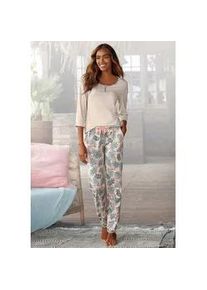 Pyjama Lascana, Damen, Gr. 36/38, beige (sand, bedruckt), Single Jersey, Obermaterial: 100% Baumwolle, bedruckt, Basic lang, Rundhals, eingesetzt,mit Aufschlag,mit Riegel, Homewear-Sets Pyjama, mit gemusterter Hose