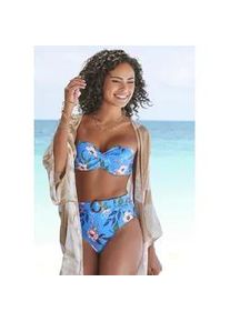 Highwaist-Bikini-Hose s.Oliver "Maya", Damen, Gr. 42, N-Gr, blau (blau, bedruckt), Polyamid, floral, Badehosen, mit abnehmbarem G&uuml;rtel und Schnalle in Horn-Optik