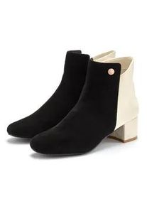 Stiefelette Lascana, Damen, Gr. 36, schwarz (schwarz, creme), Microfaser, mehrfarbig, Schuhe Stiefelette, mit raffiniertem Detail und Blockabsatz, kurzer Stiefel VEGAN