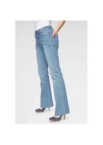 Bootcut-Jeans Arizona "Bund mit seitlichem Gummizugeinsatz" Gr. 17, K + L Gr, blau (bleached) Damen Jeans hohe Leibhöhe, Bootcut, mit Stretch, klassischer 5-Pocket-Style