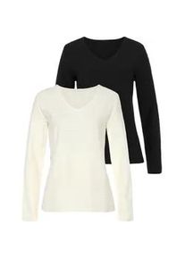 Langarmshirt Lascana "mit Streifenstruktur" Gr. 44/46, beige (creme, schwarz) Damen Shirts aus weicher Baumwoll-Qualität