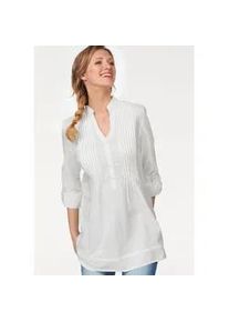 Longbluse Aniston CASUAL, Damen, Gr. 46, wei&szlig; (sanftes wei&szlig;), Web, Obermaterial: 100% Baumwolle, unifarben, figurumspielend ca. Mitte Oberschenkel, Rundhals, 1-Knopf-Manschette krempelbar, Blusen Longbluse, mit dekorativer Biesenverarbeitung