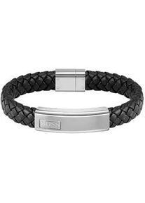 Armband BOSS "Schmuck Edelstahl Armschmuck Lederarmband LANDER" Armbänder Gr. M, Edelstahl-Leder, schwarz (edelstahlfarben, schwarz) Herren mit Zirkonia (synth.)