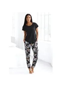 Pyjama s.Oliver, Damen, Gr. 32/34, schwarz, Single Jersey, Obermaterial: 50% Baumwolle, 50% Viskose, gebl&uuml;mt, unifarben, Basic, bequem lang, Rundhals, Homewear-Sets Pyjama, mit Blumenmuster
