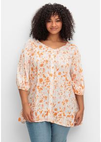 Große Größen Crêpe-Bluse mit Blumendruck und Volant am Saum Gr. 40 weiß geblümt von sheego für Damen