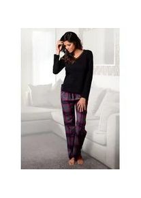 Pyjama Lascana Gr. 40, bunt (schwarz, pink, kariert) Damen Homewear-Sets mit kuscheliger Flanellhose