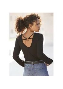 Langarmshirt Lascana Gr. 32/34, schwarz Damen Shirts mit tiefem Rückenausschnitt und Zierring, Longsleeve V-Ausschnitt