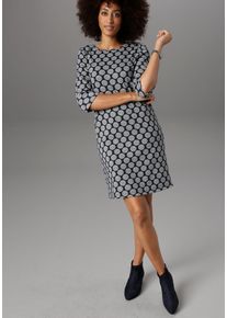 Damen Jerseykleid, grau, elegant, Gr. 48, Aniston SELECTED, gepunktet, gestreift, Jersey, Obermaterial: 60% Polyester, 30% Viskose, 10% Elasthan,