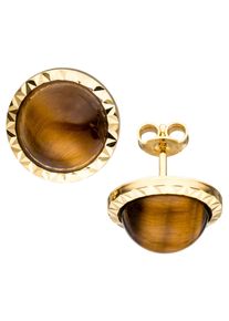 Jobo Damen Paar Ohrstecker, Gelbgold 585, gelb, Gelbgold 585, Ohrringe, rund 585 Gold mit Tigerauge