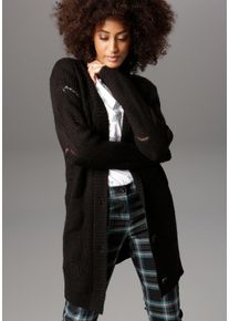 Damen Longstrickjacke, schwarz, casual, Gr. 46, Aniston SELECTED, Ajourstrickmuster, Strick, Obermaterial: 100% Polyacryl, Strickjacken, mit