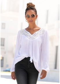 Lascana Damen Crepebluse, weiß, casual, Gr. 36, unifarben, Cru00eape, Web, Obermaterial: 100% Viskose. Spitze: 100% Baumwolle, Blusen, mit