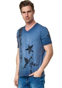Rusty Neal Herren T-Shirt, blau, casual, Gr. M, bedruckt, 100% Baumwolle, Shirts, mit V-Neck
