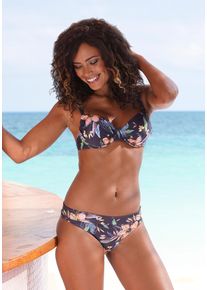 Lascana Damen Bikini-Hose "Malia", grau, Gr. 36, bedruckt, floral, Microfaser, Polyamid, Microfaser, Badehosen, mit Umschlagbund mit tropischem Print