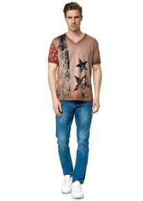 Rusty Neal Herren T-Shirt, braun, casual, Gr. L, bedruckt, 100% Baumwolle, Shirts, mit V-Neck