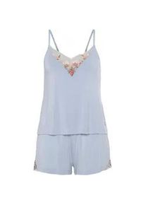 Shorty Lascana, Damen, Gr. 32/34, blau (hellblau), Single Jersey, Obermaterial: 95% Viskose, 5% Elasthan, unifarben mit Farbeins&auml;tzen, figurumspielend kurz, tiefer V-Ausschnitt, Homewear-Sets Shorty, mit h&uuml;bschen Spitzendetails