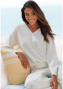 Strickpullover Lascana "-Kapuzensweatshirt" Gr. 32/34, beige (cream) Damen Pullover V-Pullover aus weicher Viskosemischung, Loungewear