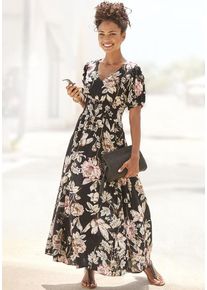 Lascana Maxikleid schwarz Gr. 34 für Damen. V-Ausschnitt und Allover-Druck. Figurumspielend. Nachhaltig.