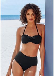 Lascana Damen Highwaist-Bikini-Hose "Scallop", schwarz, Gr. 34, unifarben, Microfaser, Microfaser, Badehosen, mit gelaserter Wellenkante