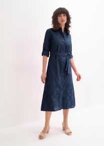 bonprix Hemdblusenkleid mit Lochstickerei, blau, Gr.44, schickes Hemdblusenkleid mit verspielter Lochstichstickerei, 100% Baumwolle