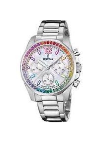 Chronograph Festina "Boyfriend, F20606/2" Armbanduhren silberfarben Damen Armbanduhr, Quarzuhr, Damen, Stoppfunktion, Zirkonia Regenbogenfarben