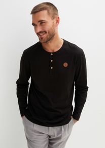 bonprix Langarm-Henleyshirt aus reiner Bio-Baumwolle (2er-Pack), schwarz, Gr.44/46 (S), Angesagte Henleyshirt-Packung mit sch&ouml;nen Lederimitat-Details, maschinenwaschbar, aus 100% Baumwolle