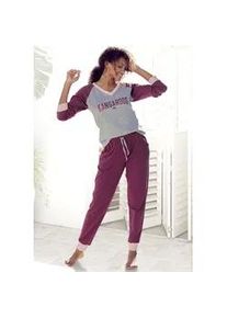 Pyjama Kangaroos Gr. 32/34, rot (bordeaux, grau, meliert) Damen Homewear-Sets mit kontrastfarbenen Raglanärmeln