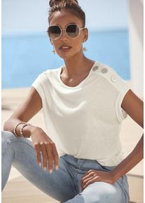 Buffalo Kurzarmshirt beige Gr. 32/34 für Damen. Rundhals und Zierknöpfe. Figurumspielend. Nachhaltig.
