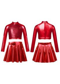 Inlzdz Kinder Mädchen Jazz Dance Outfits 2-Teiliges Partykleid Kostüm Glänzende Pailletten Crop Tops Mit Metallic Rock Set