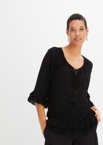 bonprix Tunika aus softer Viskose, schwarz, Gr.46, Feminine Tunika mit Verzierungen und Volants, aus Viskose