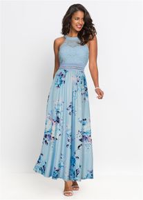 bonprix Maxikleid mit Blumen-Print und Spitze, blau, Gr.40, Romantisch und feminin: Jerseykleid mit Spitzen-Oberteil
