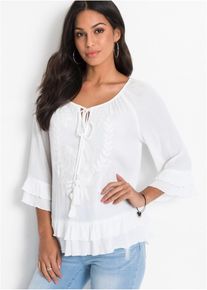 bonprix Tunika aus softer Viskose, wei&szlig;, Gr.54, Feminine Tunika mit Verzierungen und Volants, aus Viskose